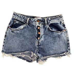Zara Jean Shorts Womens 6 Acid Wash Blue Button Fly Frayed Hem Festival Beach